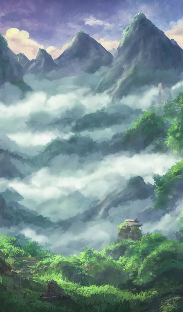 Image similar to magical landscape, mountains, misty, in the style of studio ghibli, high detail