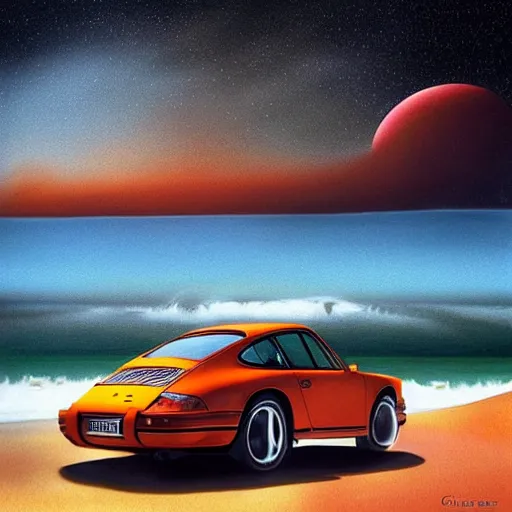 Prompt: porsche 9 1 1, australian beach, red sand, otherworldly science fiction surrealism landscapes. waves. dust. stars. by chris mars.