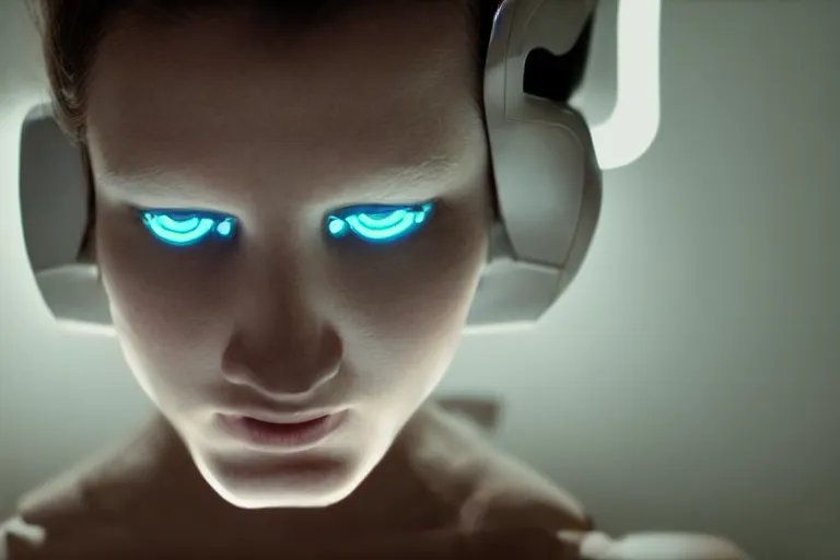 Image similar to VFX movie of a futuristic robot closeup portrait in living room, beautiful natural skin neon lighting by Emmanuel Lubezki