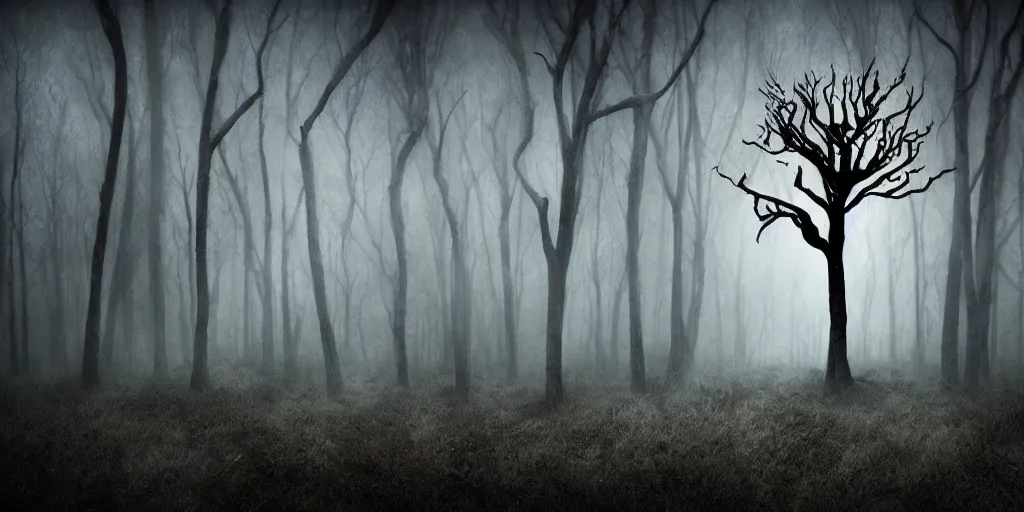 Prompt: fun strange darkness house, inspired by Tim Burton, (by Tim Burton) dark forest background, dead tree, mist, fog, volumetric lighting