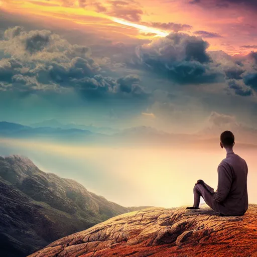 Prompt: photorealistic man meditates on a mountaintop, looking into the horizon, magical, impressive, infinity, sunset light, Atmospheric phenomenon, matte painting, dream-like award-winning digital art, muted colors, conceptual