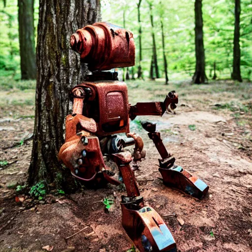 Image similar to rusty robot with a human arm, sitting on a stump in the forest, high quality photo, sigma 5 5 mm