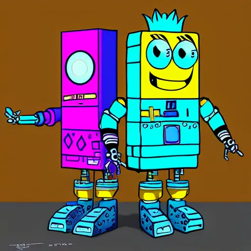 Image similar to cyberpunk robotic spongebob squarepants, sharp lines, digital, artstation, colored in