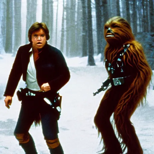 Image similar to a still of mark hamill as han solo, with chewbacca, in return of the jedi, 8 k