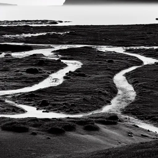 Image similar to minimalist black and white photograph of an icelandic valley, time exposure, of a river, sharp tall pillars, sharp rocks