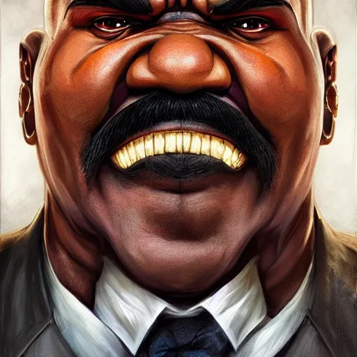 Image similar to ultra realistic steve harvey as balrog from street fighter, portrait, 4 k, ultra realistic, detailed focused art by artgerm and greg rutkowski and alphonse mucha