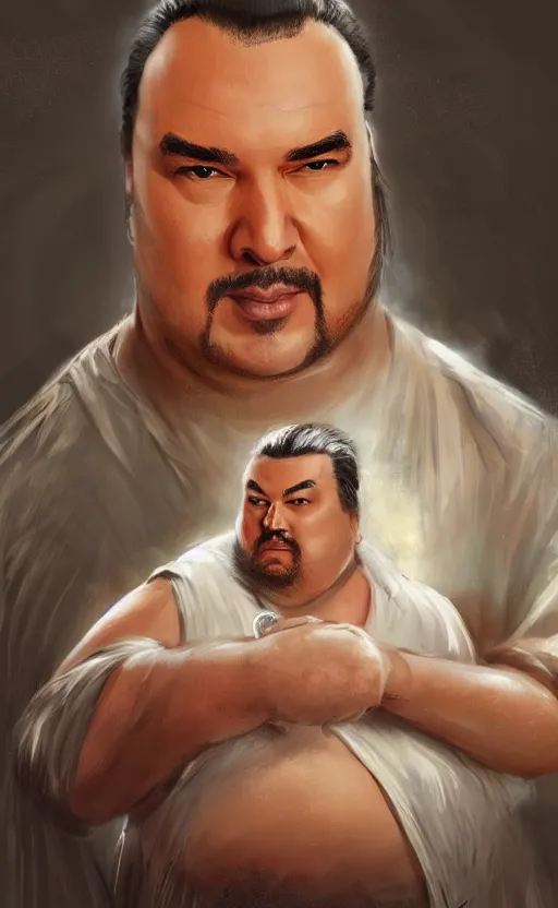 Prompt: fat steven seagal with wild hair and bright eyes. he's wearing a flowing bathrobe made of light, airy fabric and he has a mischievous look on his face, dynamic lighting, photorealistic fantasy concept art, trending on art station, stunning visuals, creative, cinematic, ultra detailed