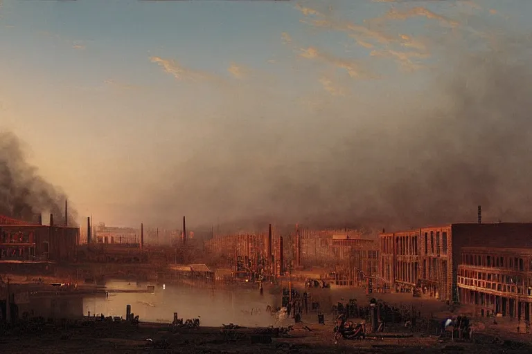 Image similar to large industrial section of a city, lots of smoke, smokestacks, brick buildings, 1 8 0 0 s, matte painting, highly detailed, cinematic lighting, by albert bierstadt, frederic edwin church