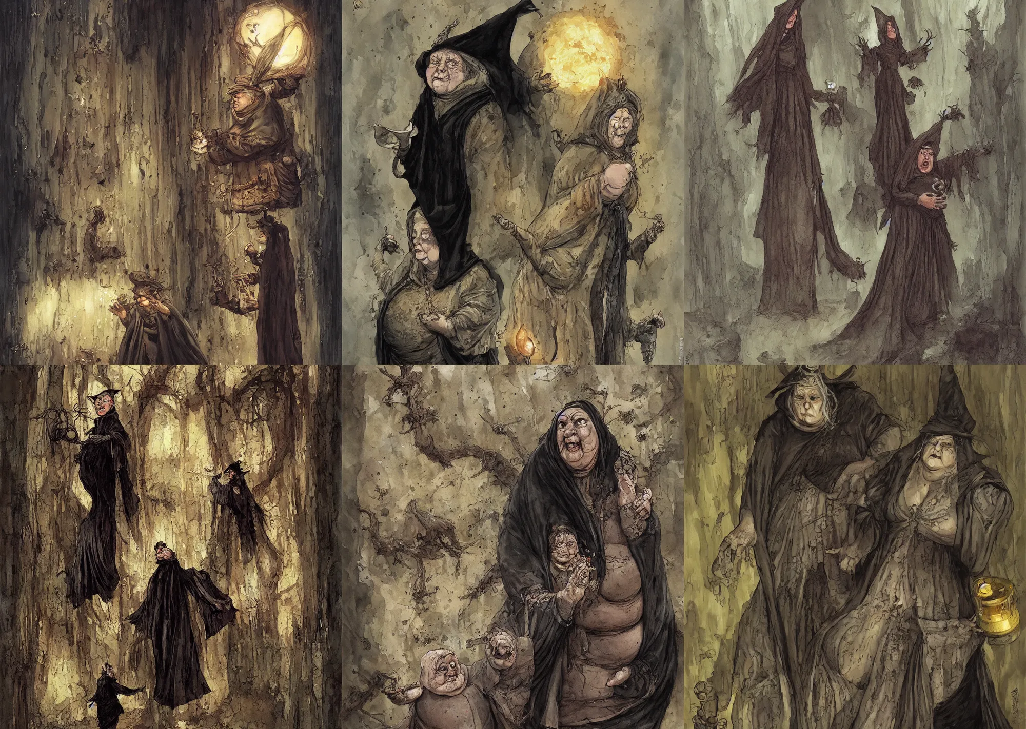 Prompt: a fat witch stares at a strange artefact in her hands. she wear a long dark robe. painted by regis loisel, enki bilal, tony sandoval oil painting.