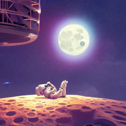 Prompt: astronaut sleeping in bed on moon, bioluminescence, vegetation, colorful, rim light, highly detailed, tilt shift, digital painting, concept art, smooth, sharp focus, pleasing aesthetics, 3 d render, octane render, disney pixar, 4 k