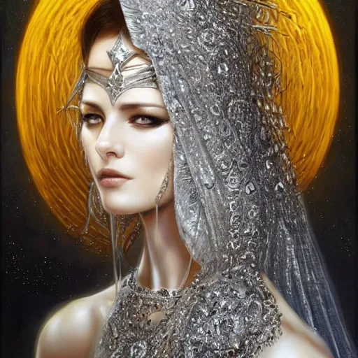 Image similar to a beautiful woman wearing a white niqab made of silver with jewelry and diamonds by alex gray and android jones, karol bak, ayami kojima, arabian, concept art, fantasy