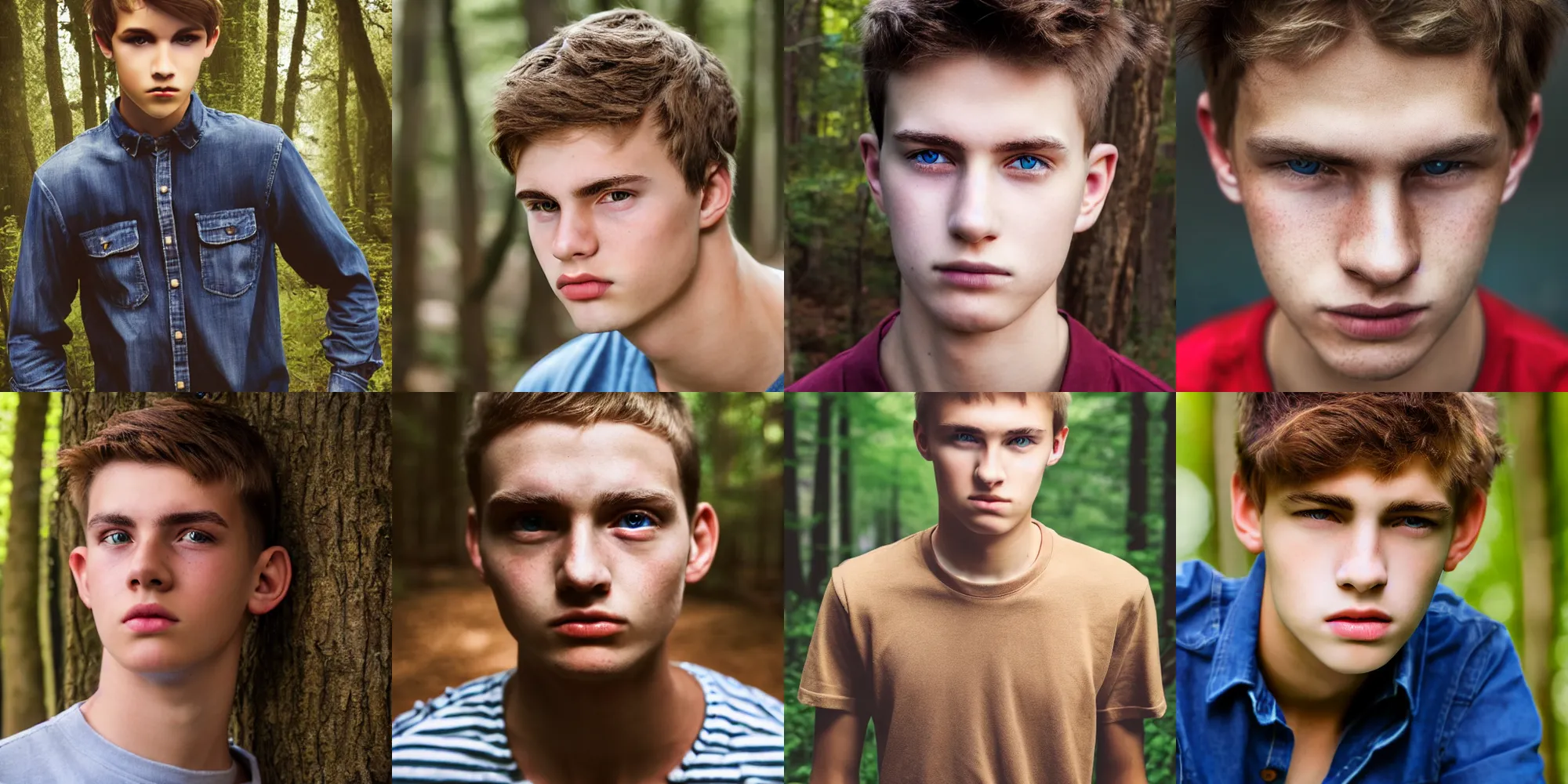 Prompt: portrait, male teenager, beautiful eyes, brown hair, thin eyebrows, red shirt, blue jeans, walking in forest, detailed face, realistic photo.