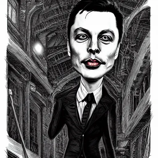 Prompt: michael karcz grunge drawing of elon musk. , in the style of corpse bride, loony toons style, horror themed, detailed, elegant, intricate, trending on artstation, 4k