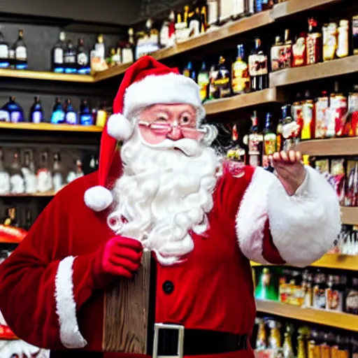 Prompt: santa claus working at a liquor store