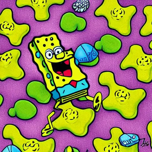 Image similar to spongebob squarepants in an abstract world with weed clouds, digital art, by Lulu Chen