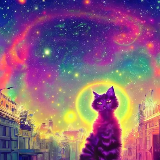 Prompt: fractal cat, colorful, vibrant, etheral, starry night sky, magical, otherworldly, dusk on a city street, in the style of Anna Dittman, fashion photography