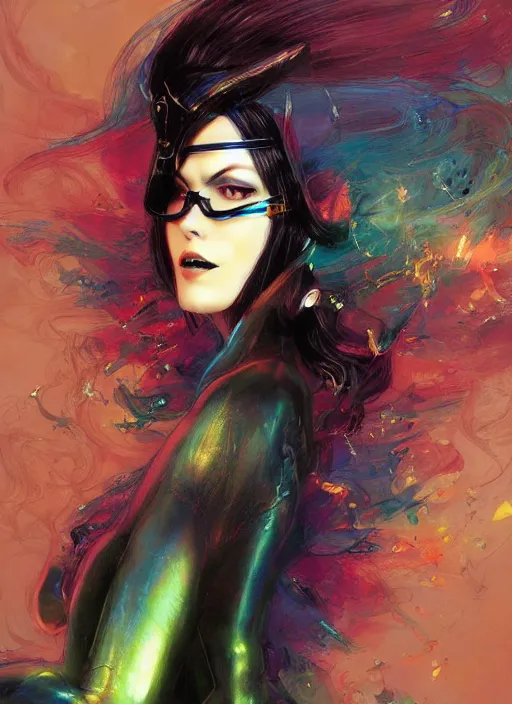 Image similar to An psychedelic concept art of bayonetta, by Ruan Jia, Moebius, hiroshi yoshida, Druillet, colorfull, vivid colors, artstation