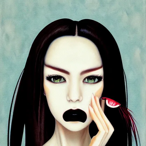 Image similar to portrait of a female modern vampire looking seductive at the camera by sana takeda