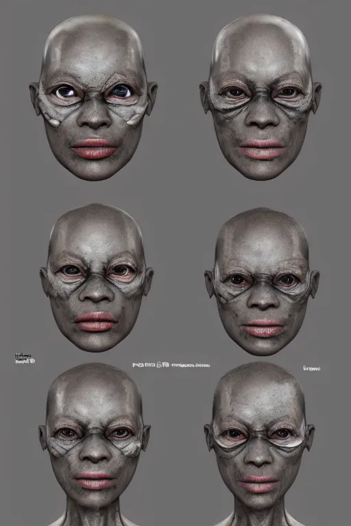 Prompt: african facial anatomy with gunmetal grey skin, medical anatomy, very symmetrical face, highly detailed, three - perspective / three - view reference sheet ( front / back / side ), in the style of dan ouellette, steven jung, amanda lilleston, hr giger, sil from species, dren from splice, mecha, artstation, unreal engine