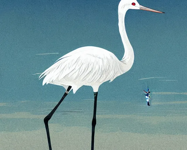 Image similar to a white crane bird hunting in shallow water by abandoned greek architecture, close up, digital art, illustrated by james gurney and victo ngai