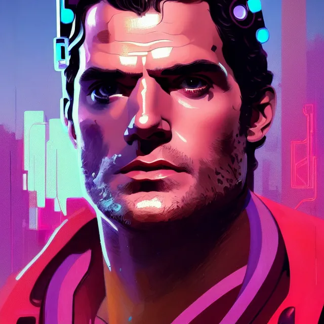 Prompt: a beautiful portrait painting of a ( cyberpunk ) henry cavill by simon stalenhag and pascal blanche and alphonse mucha and nekro and josan gonzalez. in style of digital art. colorful comic, film noirs, symmetry, brush stroke, vibrating colors, hyper detailed. octane render. trending on artstation