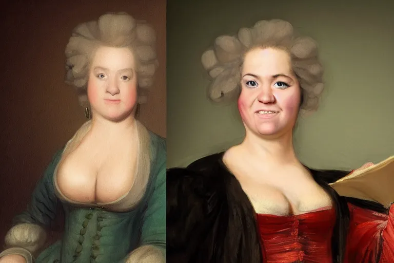 Prompt: amy schumer in the style of samuel johnson, meme, Sir Joshua Reynolds, 1775 oil painting, 8k, photorealistic brush strokes