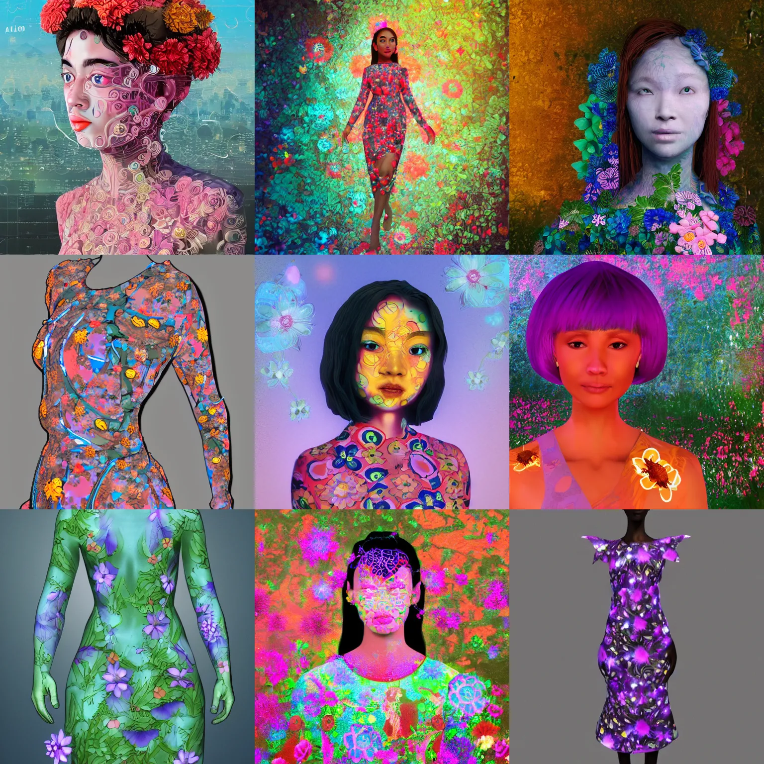 Prompt: ai - generated art, generated by an ai image generator who read this caption. tags : detailed, neural, self - aware, design your own avatar, multi ethnicity lady with glowing flowers dress, matte painting, trending on artstation