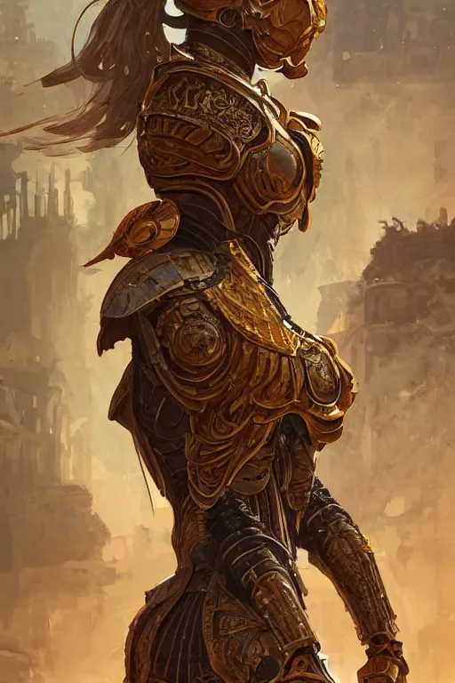 Image similar to portrait knights of Zodiac girl, golden and copper reflected armor, in ruined Agora of Athens, ssci-fi, fantasy, intricate, very very beautiful, elegant, highly detailed, digital painting, artstation, concept art, smooth, sharp focus, illustration, art by tian zi and WLOP and alphonse mucha