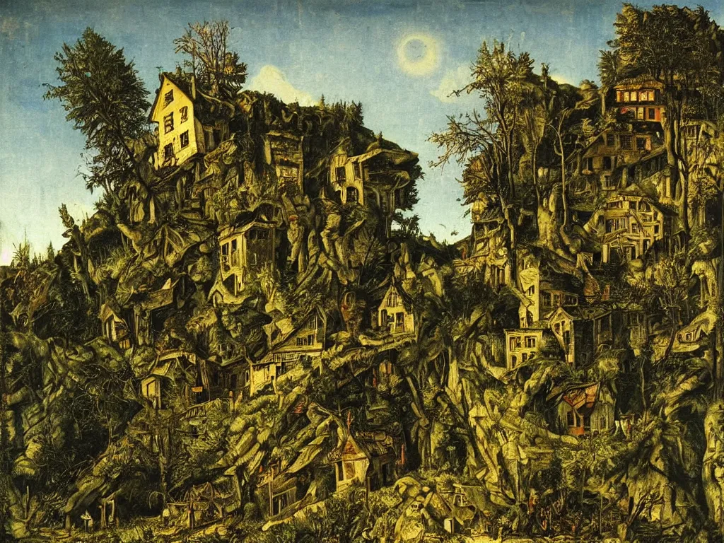 Image similar to Derelict house at night in the forest, at the top of the mountain. A miracle in the sky. Painting by Albrecht Altdorfer