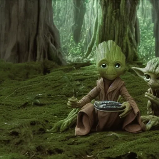 Prompt: Film still of Groot sitting next to Yoda on Dagobah, from Star Wars The Empire Strikes Back (1980)