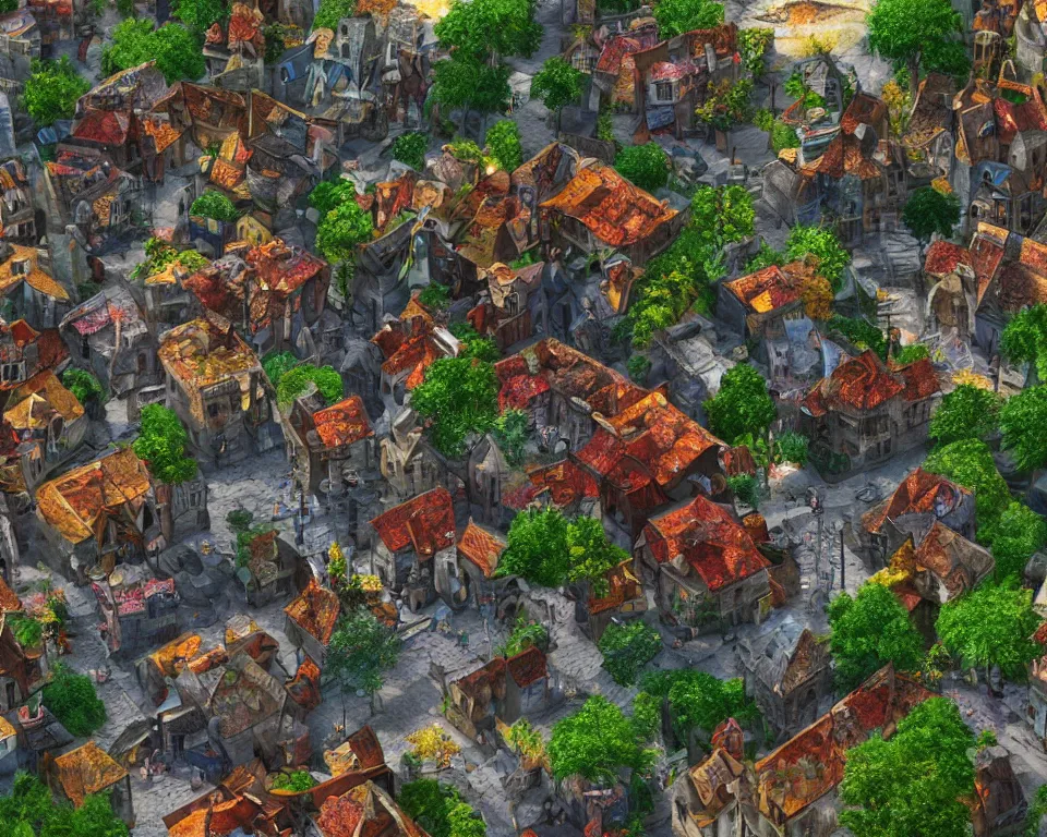 Prompt: colorful medieval city of the fae, built into trees and stone, cobblestone streets, fanciful, magical, unreal engine