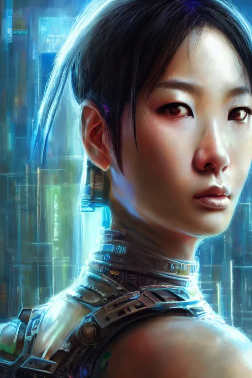 Image similar to stunning highly detailed portrait of a beautiful asian female cyberpunk, soft lighting, pastel neon colors, oil on canvas, strong lighting, by Greg Staples, HD, 4K