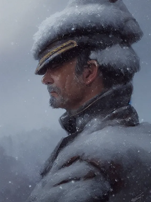 Prompt: an ultradetailed beautiful portrait painting of an explorer marching in the snowy mountains, side view, oil painting, high resolution, by ilya kuvshinov, greg rutkowski and makoto shinkai