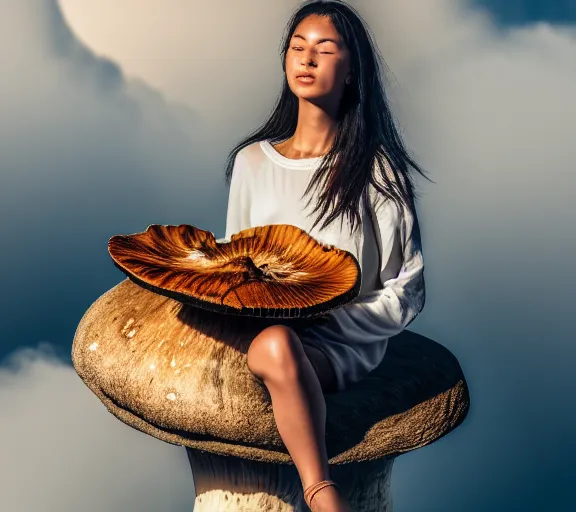 Image similar to a portrait of a female warrior sitting on a giant mushroom that covers a whole town and reaches above the clouds. intricate. lifelike. soft light. sony a 7 r iv 5 5 mm. cinematic post - processing