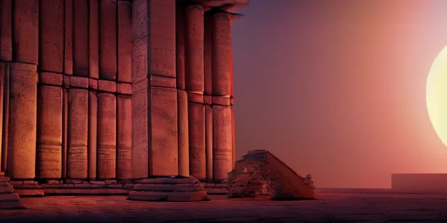 Image similar to beautiful hyperrealistic hyperdetailed epic 3 d render by octane of the mysterious intricate ruins of a temple from an advanced alien starwars civilization under the crescent moon, dramatic lighting