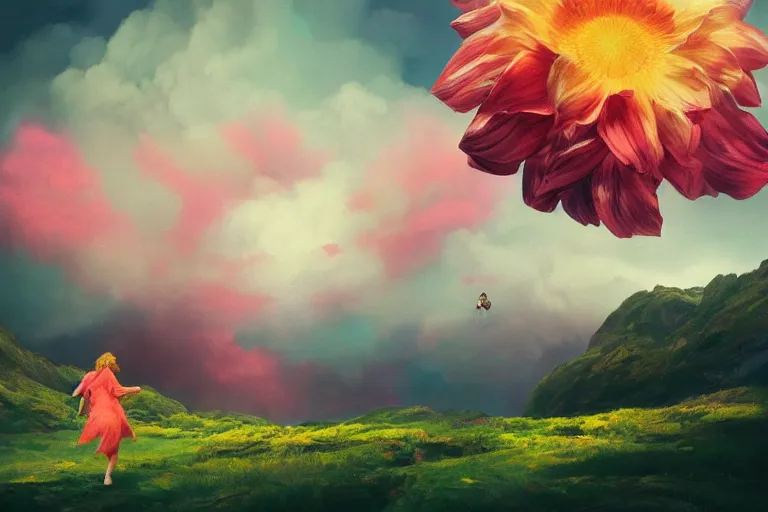 Image similar to giant dahlia flower as a head, girl walking on mountain, surreal photography, stars, dramatic light, impressionist painting, storm clouds, digital painting, artstation, simon stalenhag