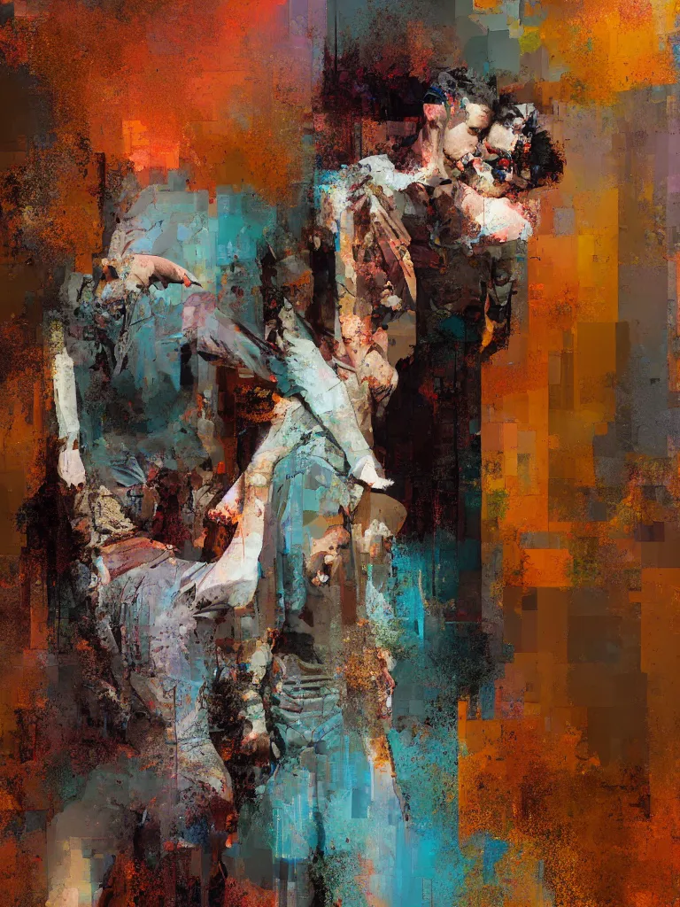 Image similar to a beautiful painting by alex kanevsky and christian hook of a couple in front of a mirror in a glitched bathroom, metal rust and plaster materials, pixel sorting, color bleeding, brushstrokes by jeremy mann
