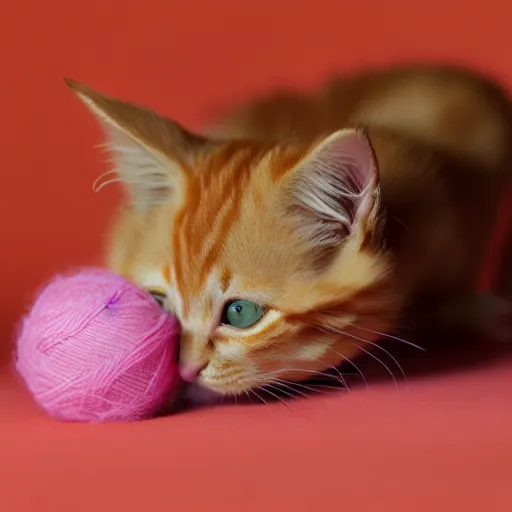 Image similar to orange tabby kitten playing with a ball of yarn, photorealistic, pink background