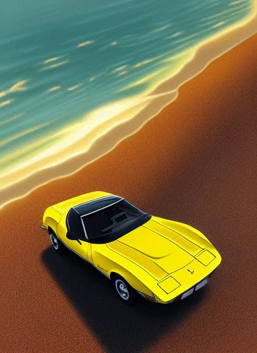 Image similar to a miniature of a yellow 1979 stingray corvette at the beach at sunset, t-top, convertable,digital art,detailed,ultra realistic,art by greg rutkowski