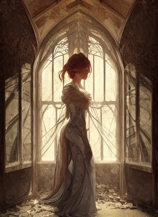 Image similar to perfectly - centered - portrait of a beautiful lady inside abandoned asylum, light comes from the window, intricate, highly detailed, digital painting, artstation, concept art, smooth, sharp focus, illustration, unreal engine 5, 8 k, art by artgerm and greg rutkowski and alphonse mucha