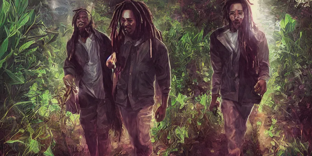 Image similar to bob marley walking though an infinite weed farm digital art, artstation, ultra detailed, beautiful aesthetic art