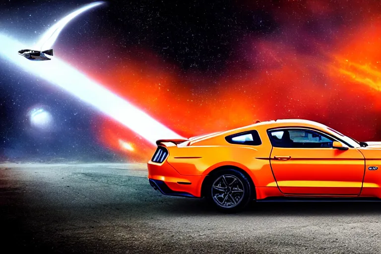 Image similar to a photo hyperrealistic spaceship flying in universe made out of bright orange Ford Mustang