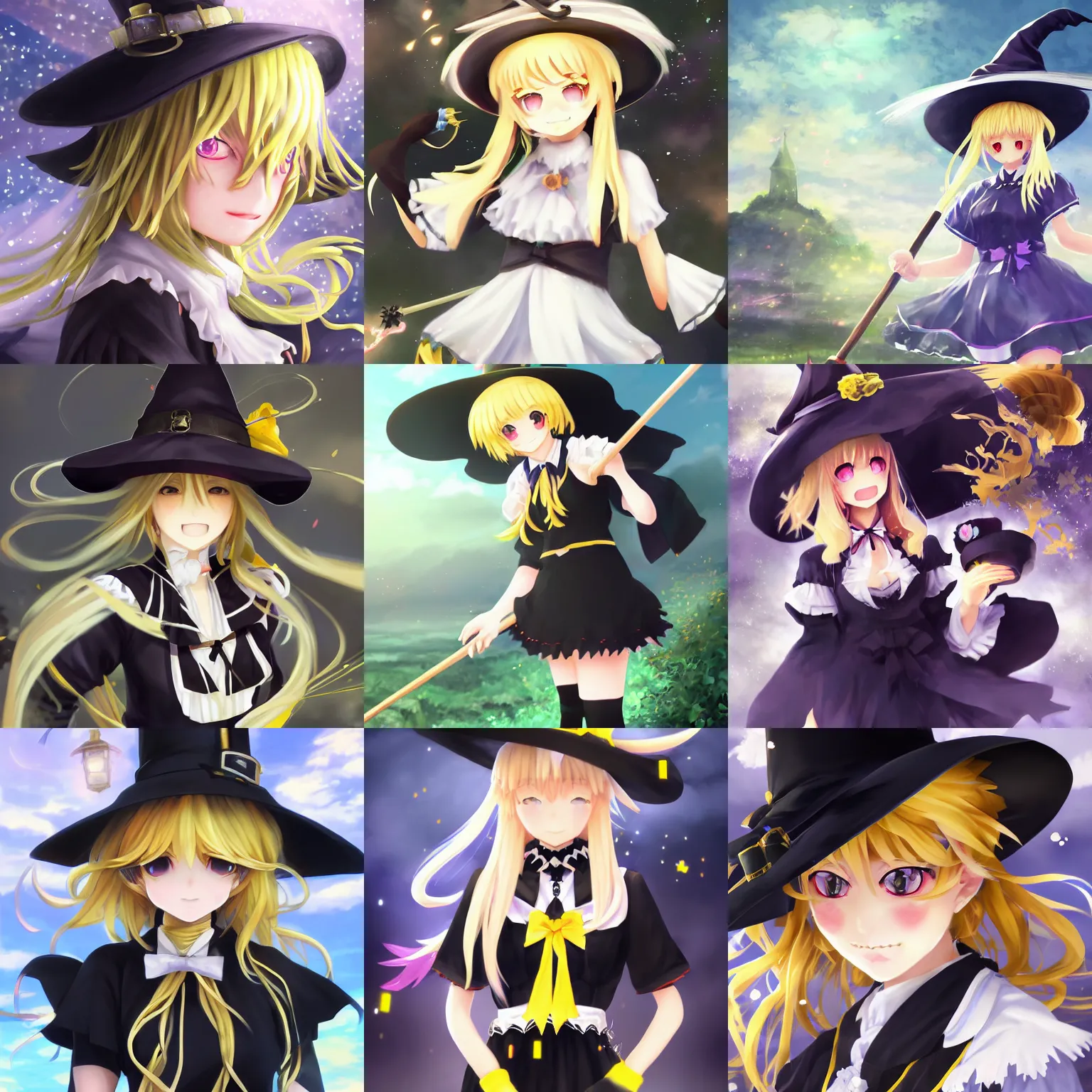 Image similar to artwork portrait of cute witch marisa kirisame from touhou project, marisa kirisame touhou artwork black black hat hat broom blonde hair ultradetailed sparkling yellow eyes maid dress white apron by greg rutkowski makoto shinkai sakimichan key art 4 k 8 k ultrahd trending award winning