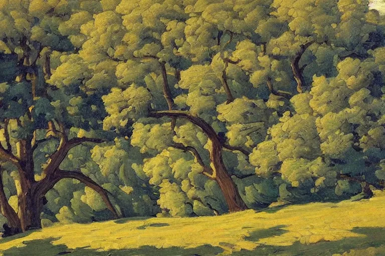 Prompt: masterpiece painting of oak trees on a hillside overlooking a creek, by harold gilman