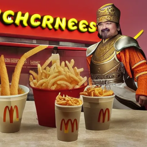 Prompt: genghis khan in mcdonalds, very detailed, photography