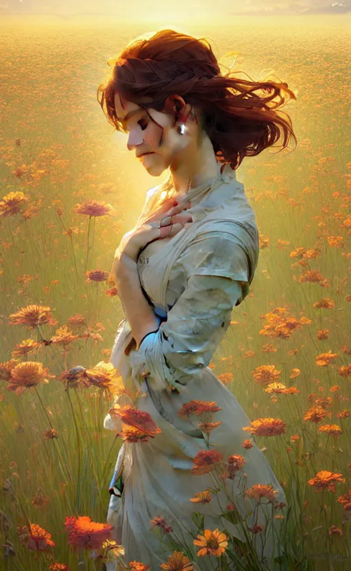 Prompt: sleepy sun face, flowers field, highly detailed, digital painting, concept art, smooth, sharp focus, illustration, art by artgerm and greg rutkowski and alphonse mucha