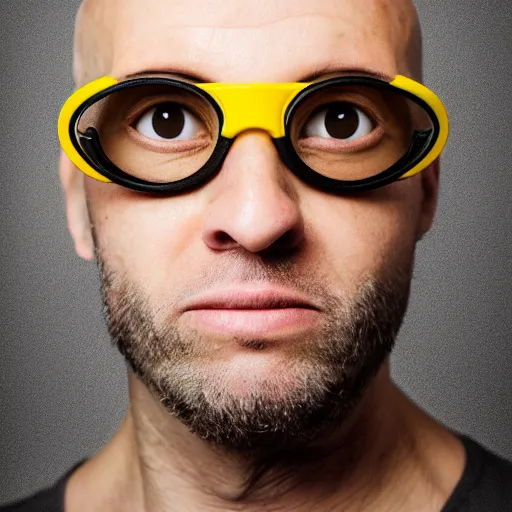 Image similar to portrait photo of a bald wrinkly yellow man with stubble wearing thick round goggles and big hazel eyes, he looks like a human minion hybrid, moody lighting, realistic facial features, hyper detailed, crlear image, leica, 2 4 mm lens