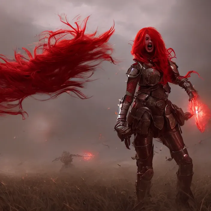 Image similar to a girl with a long red hair wearing a full-body red plate armor screaming in a battlefield, horror picture, hyperrealistic, concept art, octane render, unreal engine 5, 8K HDR, highly detailed, high quality, fantasy armor