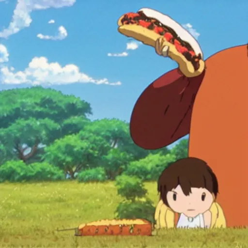 Image similar to a chameleon atop a hot dog, Makoto Shinkai, Studio Ghibli