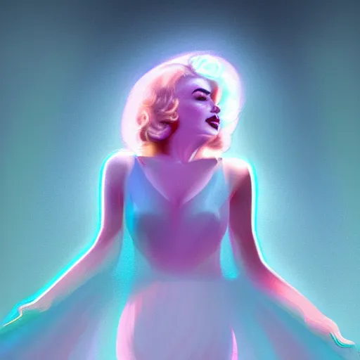 Prompt: long Shot of psychedelic Marilyn Monroe standing in misty chromatic astral temple , stylish, lsd, soft, trending on artstation, cinematic, artwork by WLOP